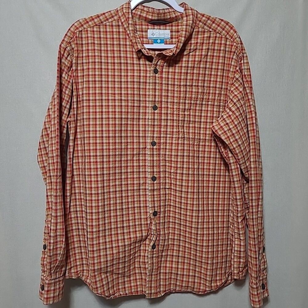 Columbia Shirt Men's XL Button Down Long Sleeve Logo Orange Plaid Outdoor Fall